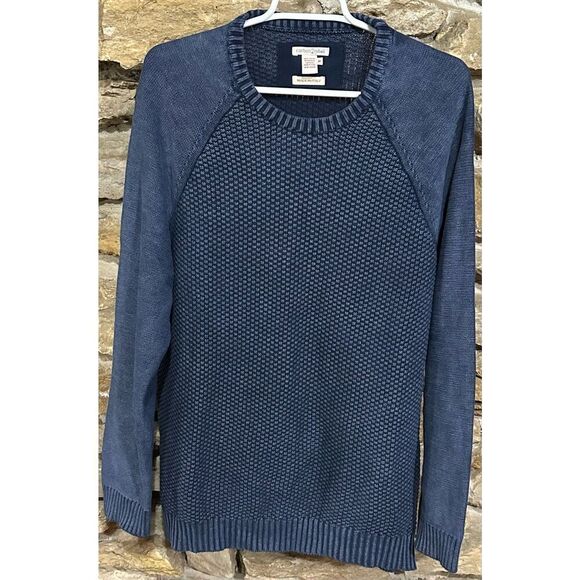 Men’s Carbon 2 Cobalt Cotton Knit Navy Blue Ribbed Long Sleeve Ribbed Crew Neck - Picture 1 of 5